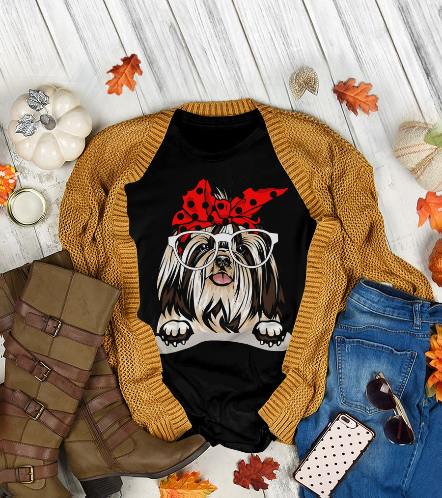 Shih Tzu Christmas Red Plaid Headband Glasses T-Shirt
