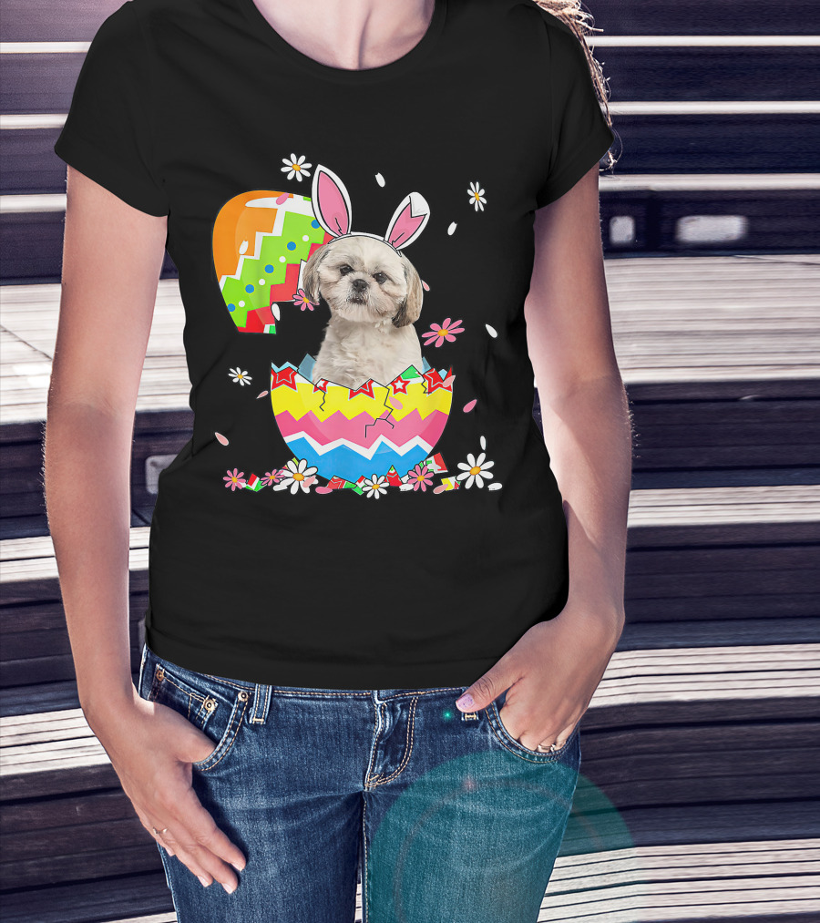 Shih Tzu Dog In Colorful Easter Egg With Bunny Ears And Flowers T-Shirt