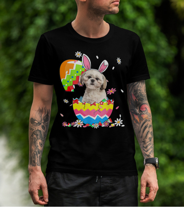 Shih Tzu Dog In Colorful Easter Egg With Bunny Ears And Flowers T-Shirt