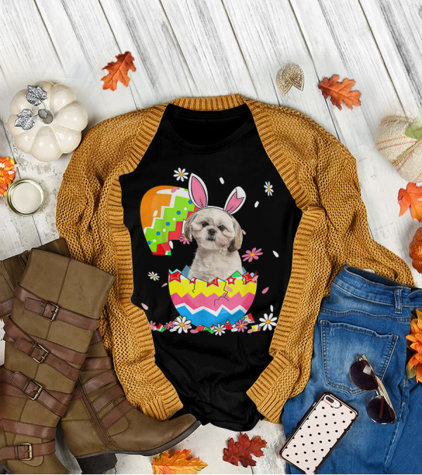 Shih Tzu Dog In Colorful Easter Egg With Bunny Ears And Flowers T-Shirt