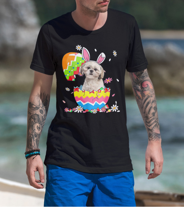 Shih Tzu Dog In Colorful Easter Egg With Bunny Ears And Flowers T-Shirt