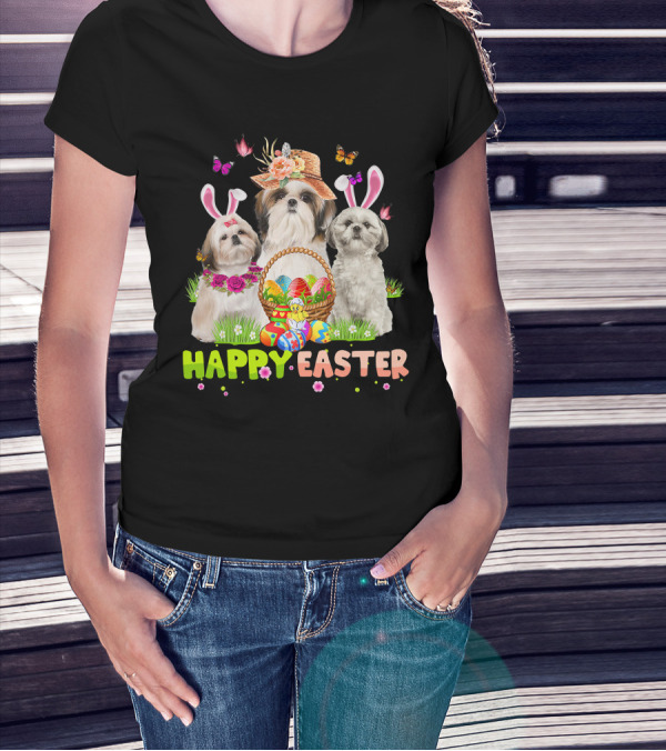 Happy Easter Shih Tzu Bunny Ears Basket Eggs Butterflies Flowers T-Shirt