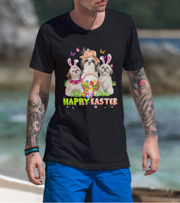 Happy Easter Shih Tzu Bunny Ears Basket Eggs Butterflies Flowers T-Shirt