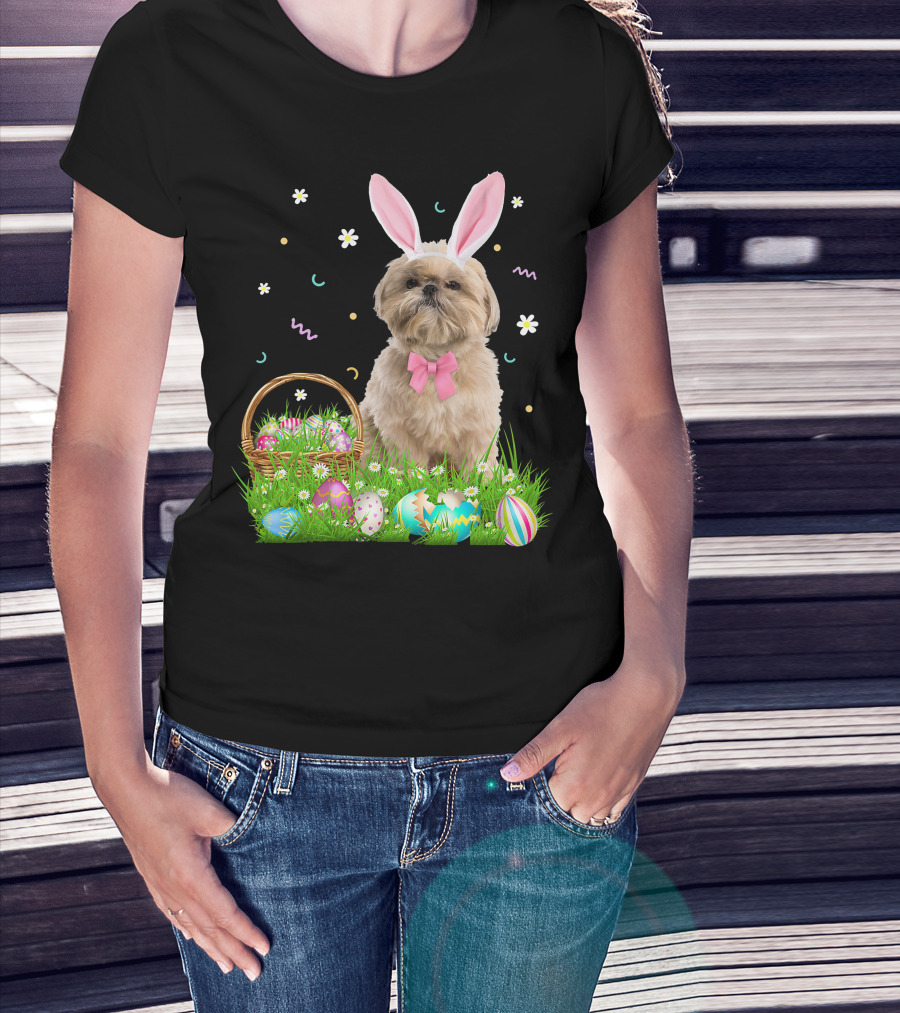 Shih Tzu Easter Day Bunny Ears And Colorful Eggs Easter98 T-Shirt