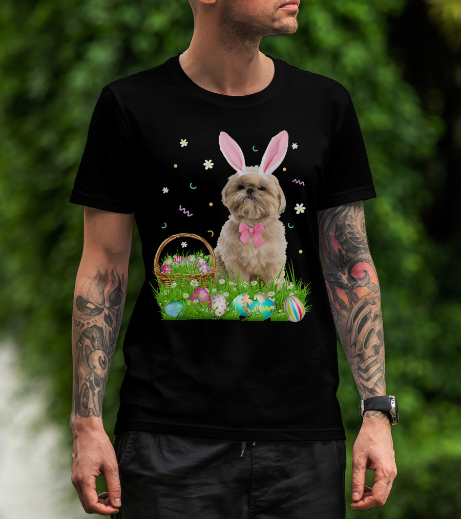 Shih Tzu Easter Day Bunny Ears And Colorful Eggs Easter98 T-Shirt