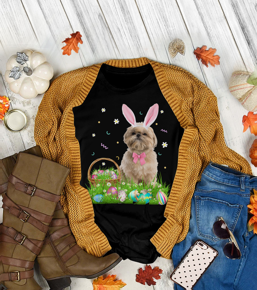 Shih Tzu Easter Day Bunny Ears and Colorful Eggs Easter98 T-Shirt