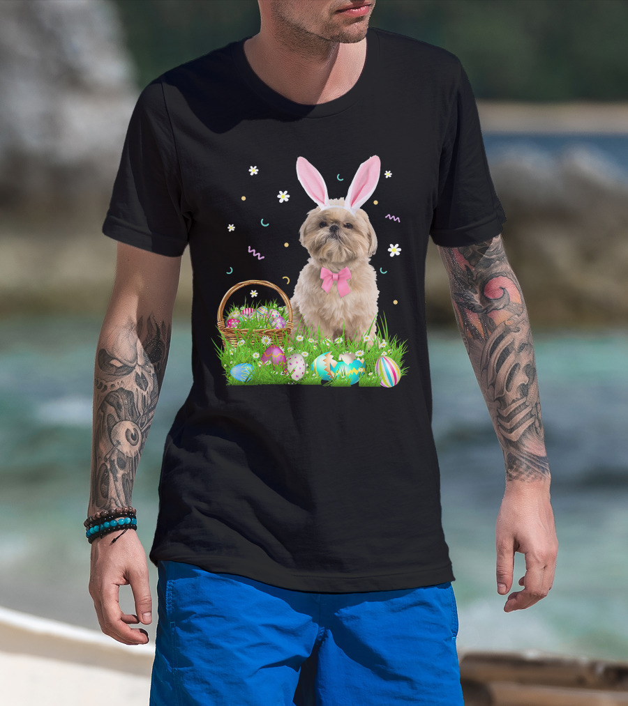Shih Tzu Easter Day Bunny Ears And Colorful Eggs Easter98 T-Shirt