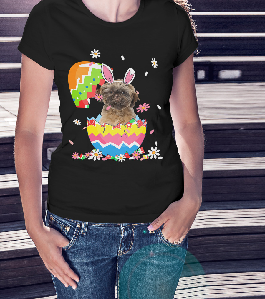 Cute Shih Tzu Easter Day Dog Dad Dog Mom With Bunny Ears And Colorful Egg T-Shirt