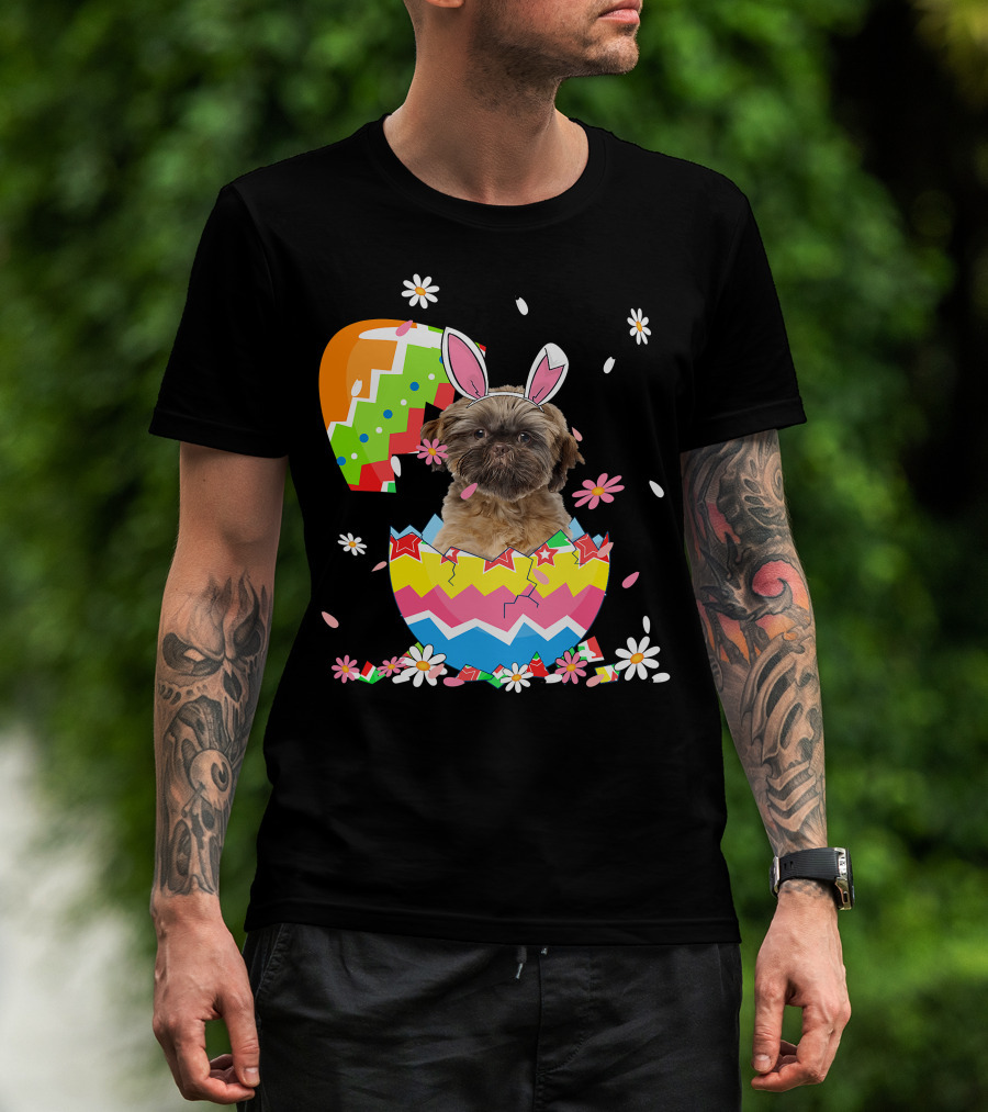 Cute Shih Tzu Easter Day Dog Dad Dog Mom With Bunny Ears And Colorful Egg T-Shirt