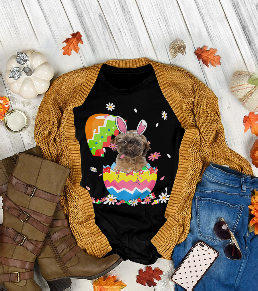 Cute Shih Tzu Easter Day Dog Dad Dog Mom with Bunny Ears and Colorful Egg T-Shirt
