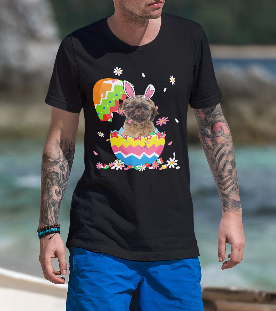 Cute Shih Tzu Easter Day Dog Dad Dog Mom With Bunny Ears And Colorful Egg T-Shirt