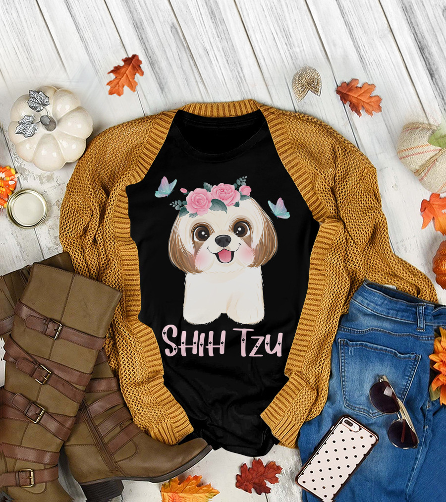 Cute Shih Tzu Mom Dad Mens Dog Lover Ladies Shih Tzu Roses Butterflies T-Shirt