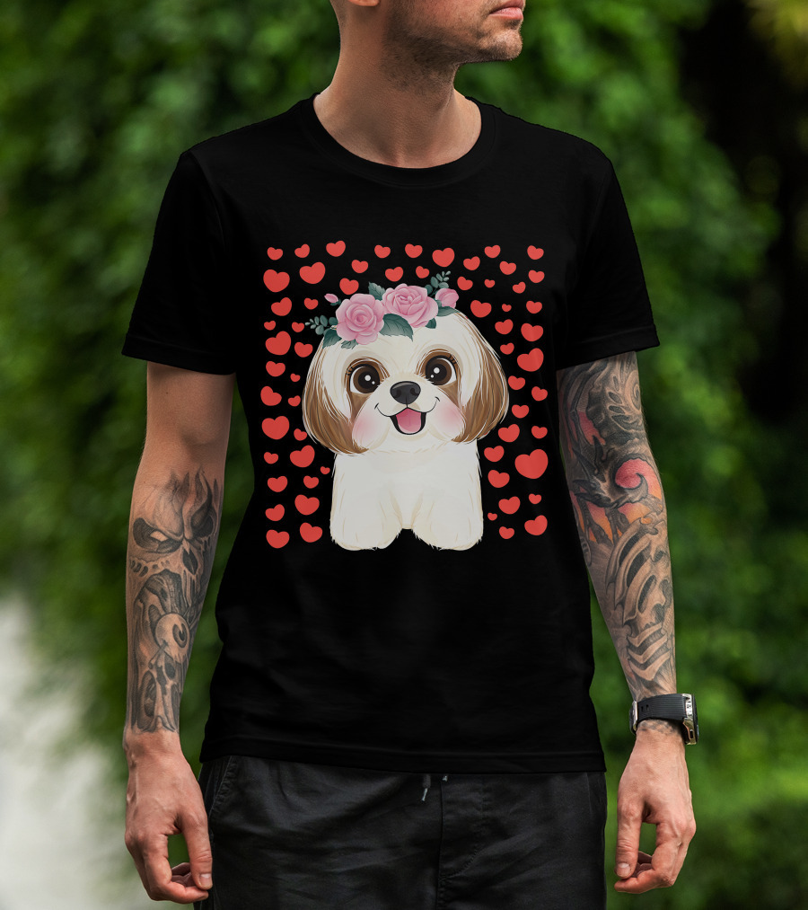 Cute Shih Tzu Valentine's Day Red Hearts Dog Flowers T-Shirt