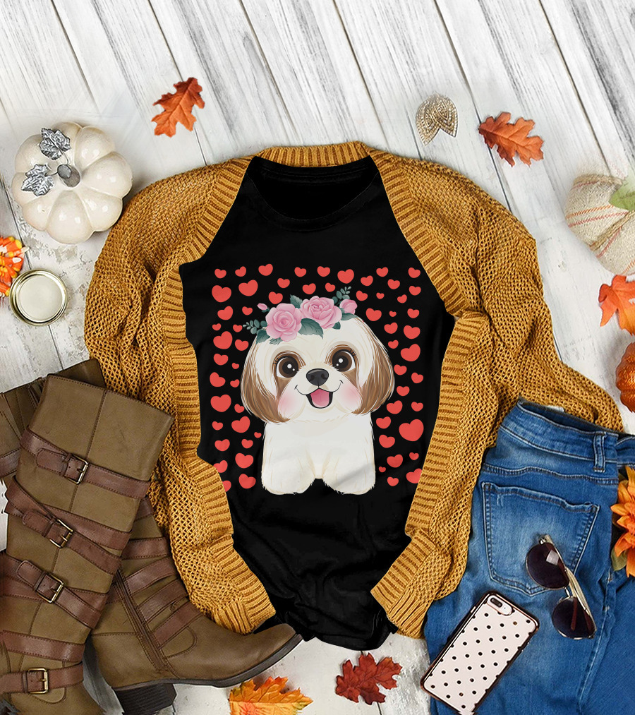 Cute Shih Tzu Valentine's Day Red Hearts Dog Flowers T-Shirt