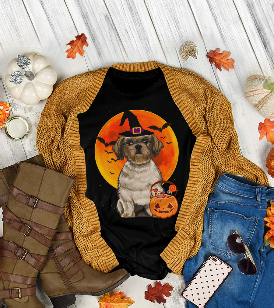 Shih Tzu Dog Halloween Jack O Lantern Pumpkin with Bats and Witch Hat T-Shirt