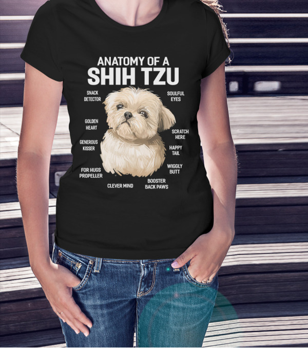 Anatomy Of A Shih Tzu Dog 365 Fluff Button Snowball Feature Cuddle Zone Pillow Tail Black Button Sniffer Ears Pom Pom Paws Wookie Chewbacca Eyes T-Shirt