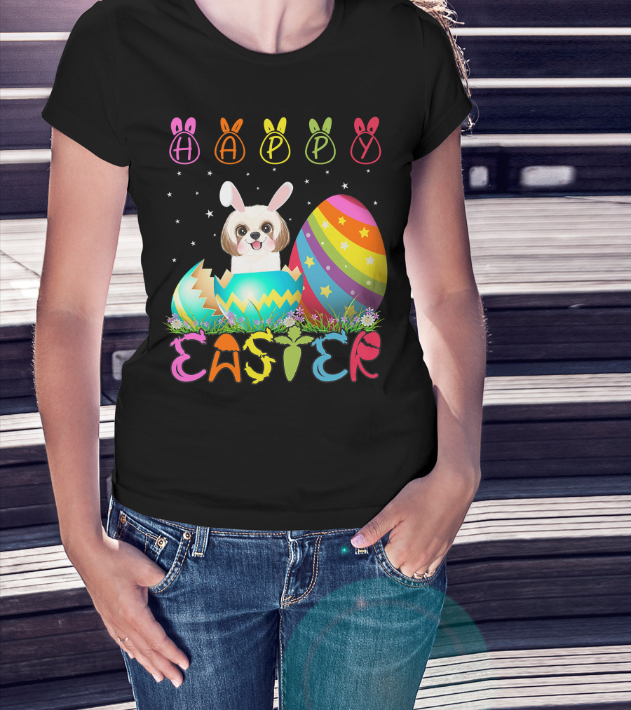 Happy Easter Day Shih Tzu Dog In Colorful Egg Matching T-Shirt