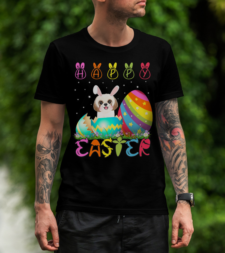 Happy Easter Day Shih Tzu Dog In Colorful Egg Matching T-Shirt