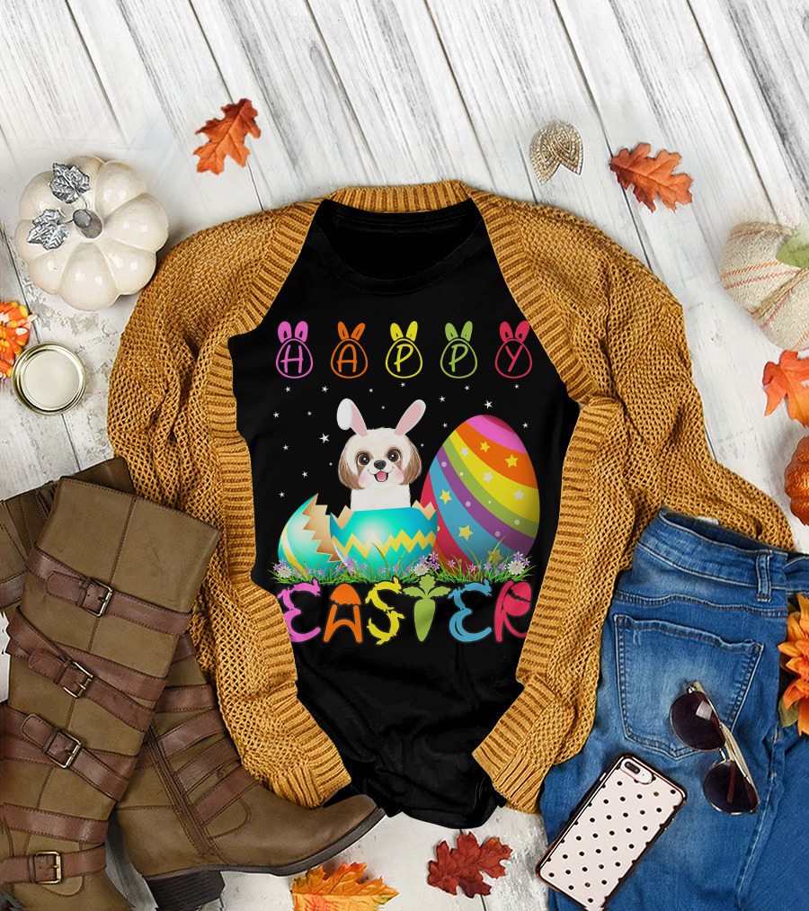 Happy Easter Day Shih Tzu Dog In Colorful Egg Matching T-Shirt