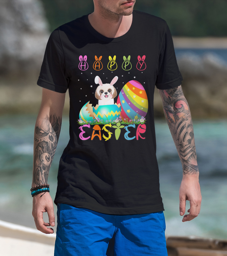 Happy Easter Day Shih Tzu Dog In Colorful Egg Matching T-Shirt