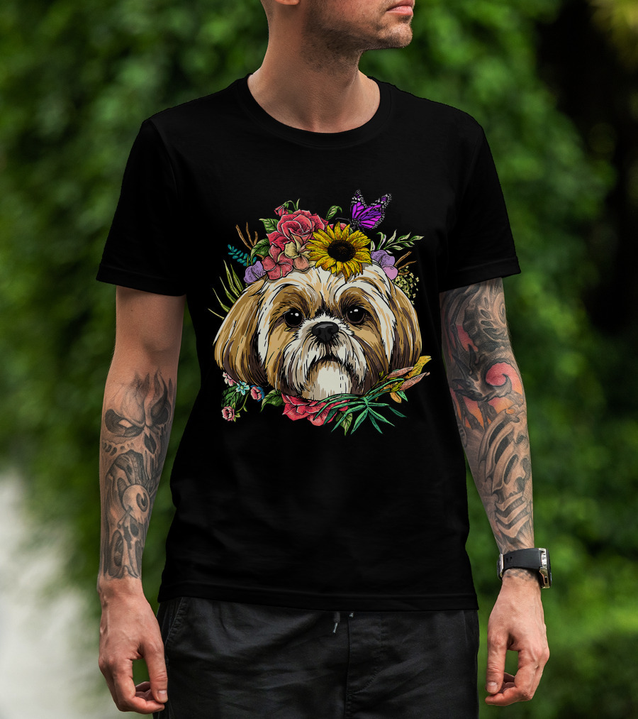 Floral Shih Tzu Dog With Butterfly And Spring Flowers For Nature And Shih Tzu Lovers T-Shirt