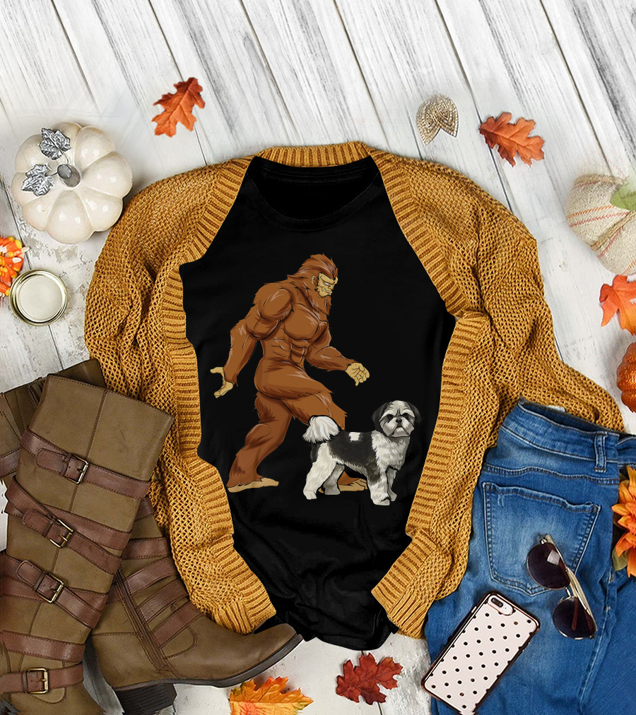 Funny Bigfoot Walking Shih Tzu Sasquatch Dog Comic T-Shirt