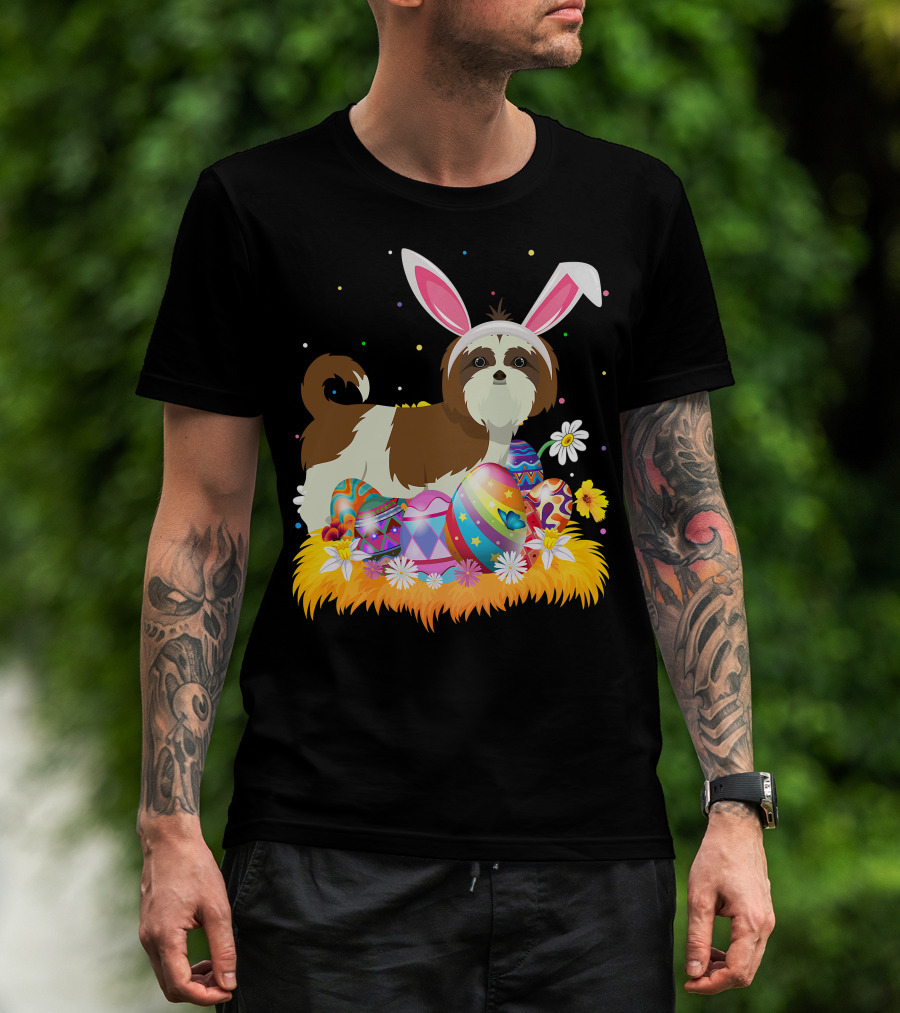 Shih Tzu Bunny Ears With Colorful Easter Eggs And Flowers For Easter Sunday T-Shirt