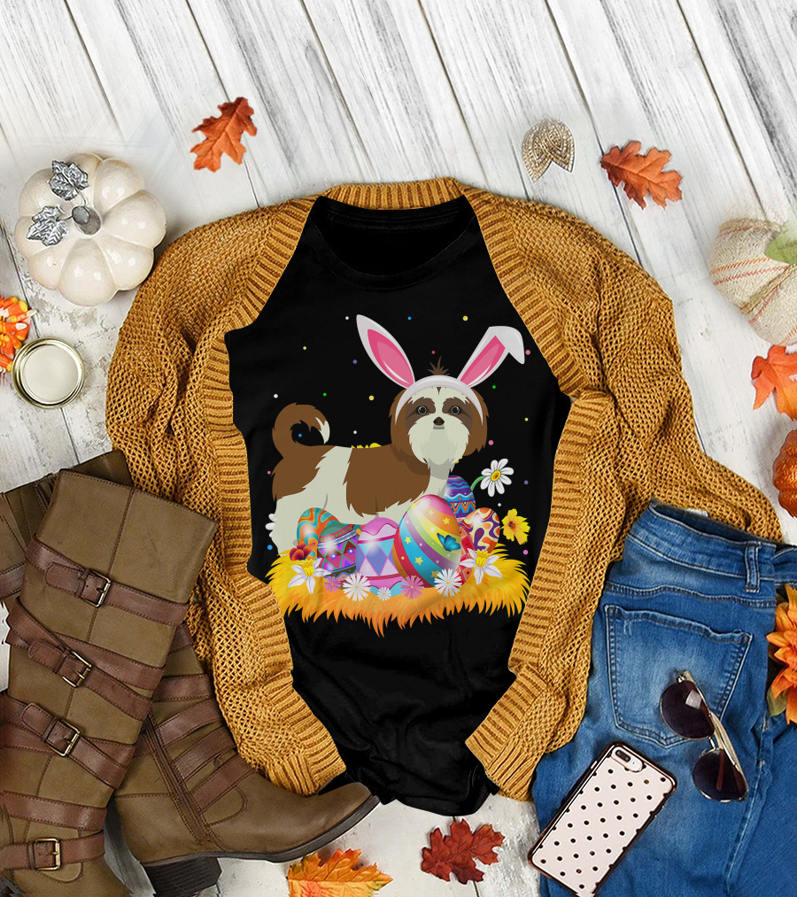 Shih Tzu Bunny Ears with Colorful Easter Eggs and Flowers for Easter Sunday T-Shirt