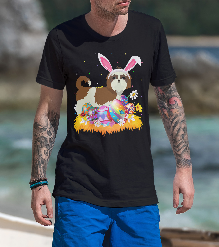 Shih Tzu Bunny Ears With Colorful Easter Eggs And Flowers For Easter Sunday T-Shirt
