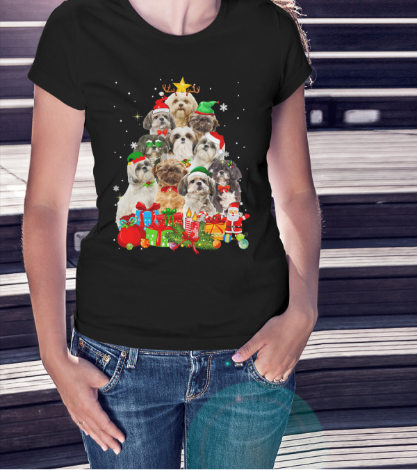 Shih Tzu Christmas Tree With Holiday Lights And Puppy Dogs T-Shirt