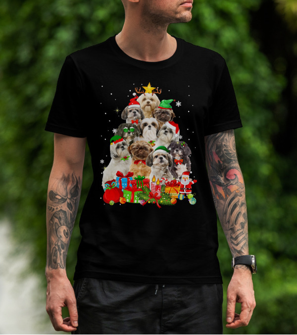 Shih Tzu Christmas Tree With Holiday Lights And Puppy Dogs T-Shirt