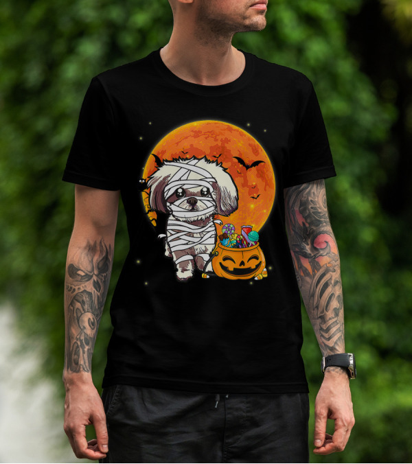 Shih Tzu Mummy Halloween Costume With Pumpkin Candy Bucket And Full Moon T-Shirt