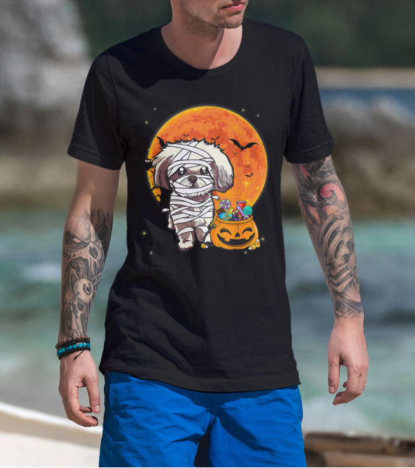 Shih Tzu Mummy Halloween Costume With Pumpkin Candy Bucket And Full Moon T-Shirt