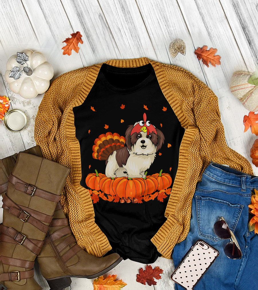 Shih Tzu Dressed as Turkey with Pumpkins and Autumn Leaves Thanksgiving Fun T-Shirt