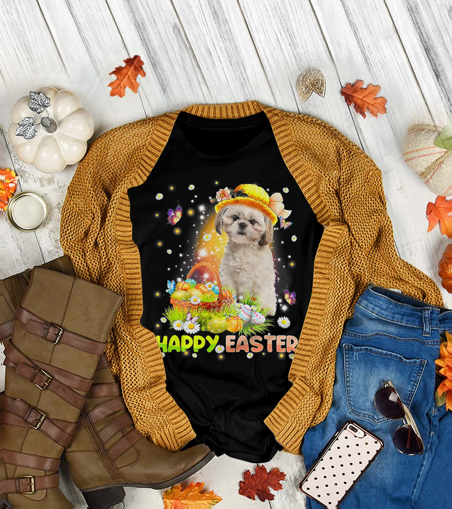 Happy Easter Cute Bunny Dog Shih Tzu with Eggs Basket and Butterflies T-Shirt