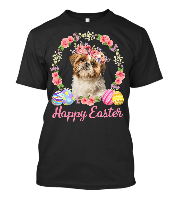 Happy Easter Shih Tzu Dog Flower Wreath With Decorative Eggs T-Shirt