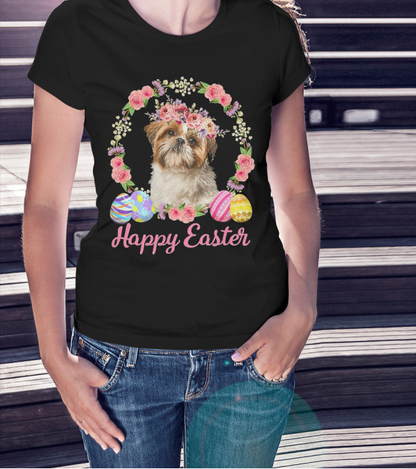 Happy Easter Shih Tzu Dog Flower Wreath With Decorative Eggs T-Shirt