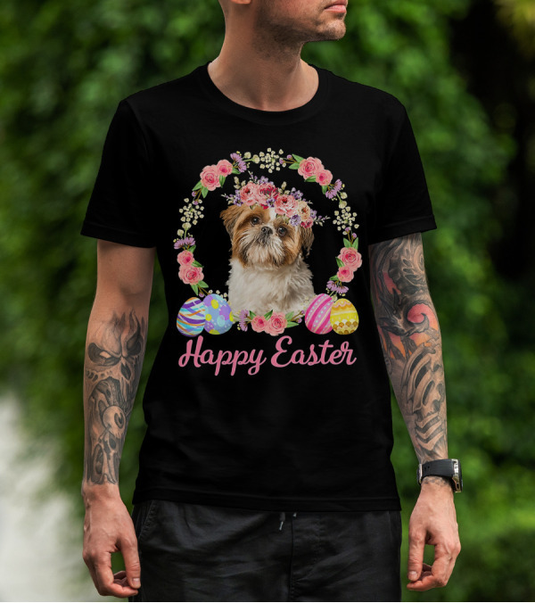 Happy Easter Shih Tzu Dog Flower Wreath With Decorative Eggs T-Shirt