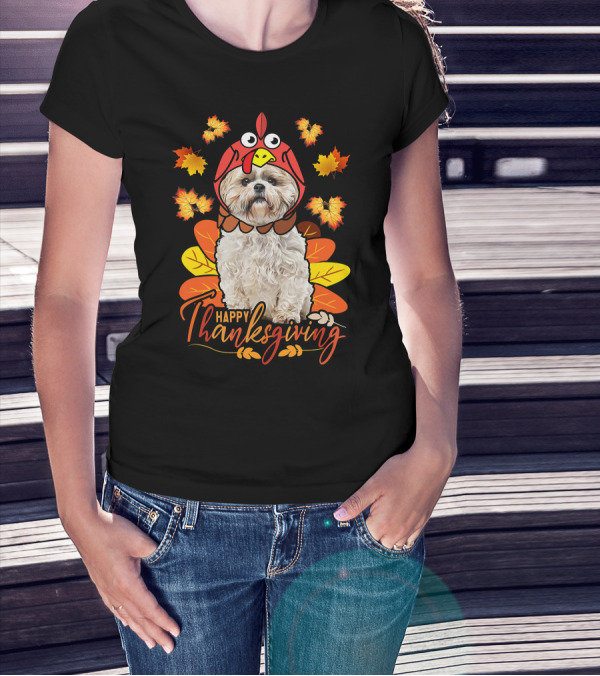 Happy Thanksgiving Shih Tzu Dog In Turkey Costume With Autumn Leaves T-Shirt