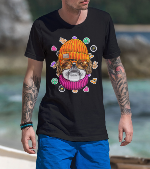 Hipster Shih Tzu With Glasses And Beanie Surrounded By Love Peace And Music Icons T-Shirt