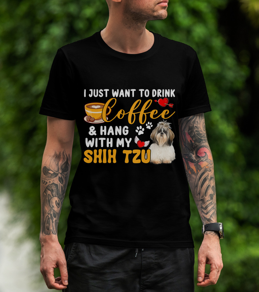 Coffee Lover Shih Tzu With Hearts And Wings T-Shirt