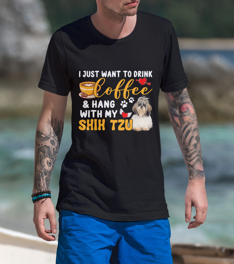 Coffee Lover Shih Tzu With Hearts And Wings T-Shirt