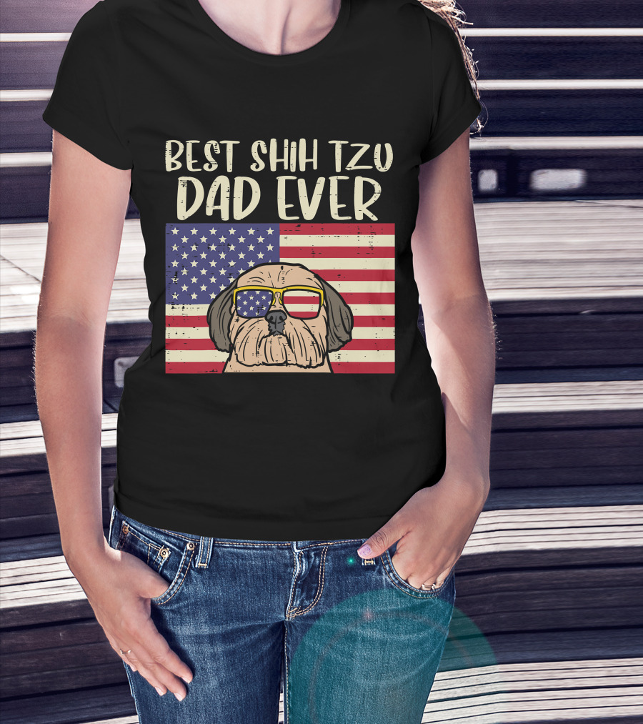Best Shih Tzu Dad Ever US Flag Patriotic Dog Sunglasses T-Shirt