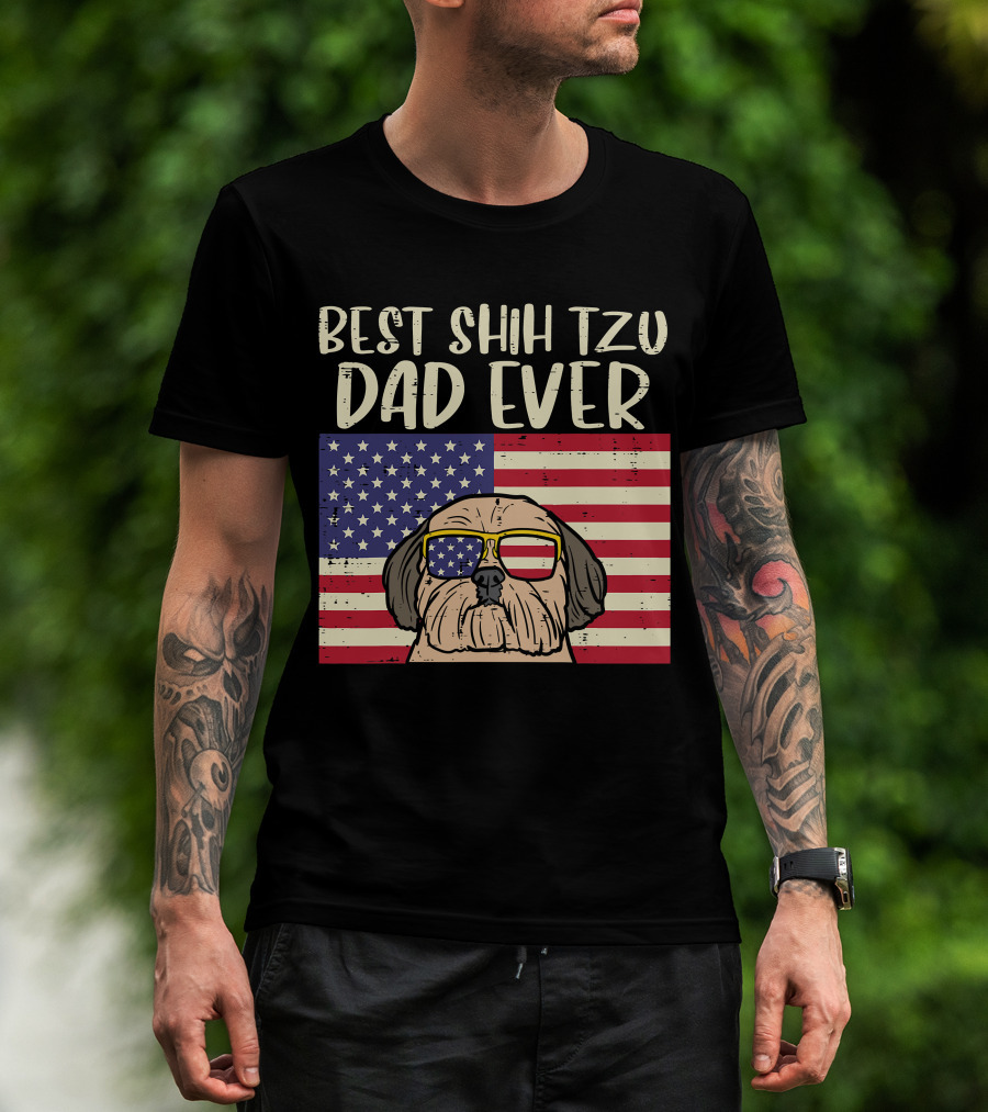 Best Shih Tzu Dad Ever US Flag Patriotic Dog Sunglasses T-Shirt