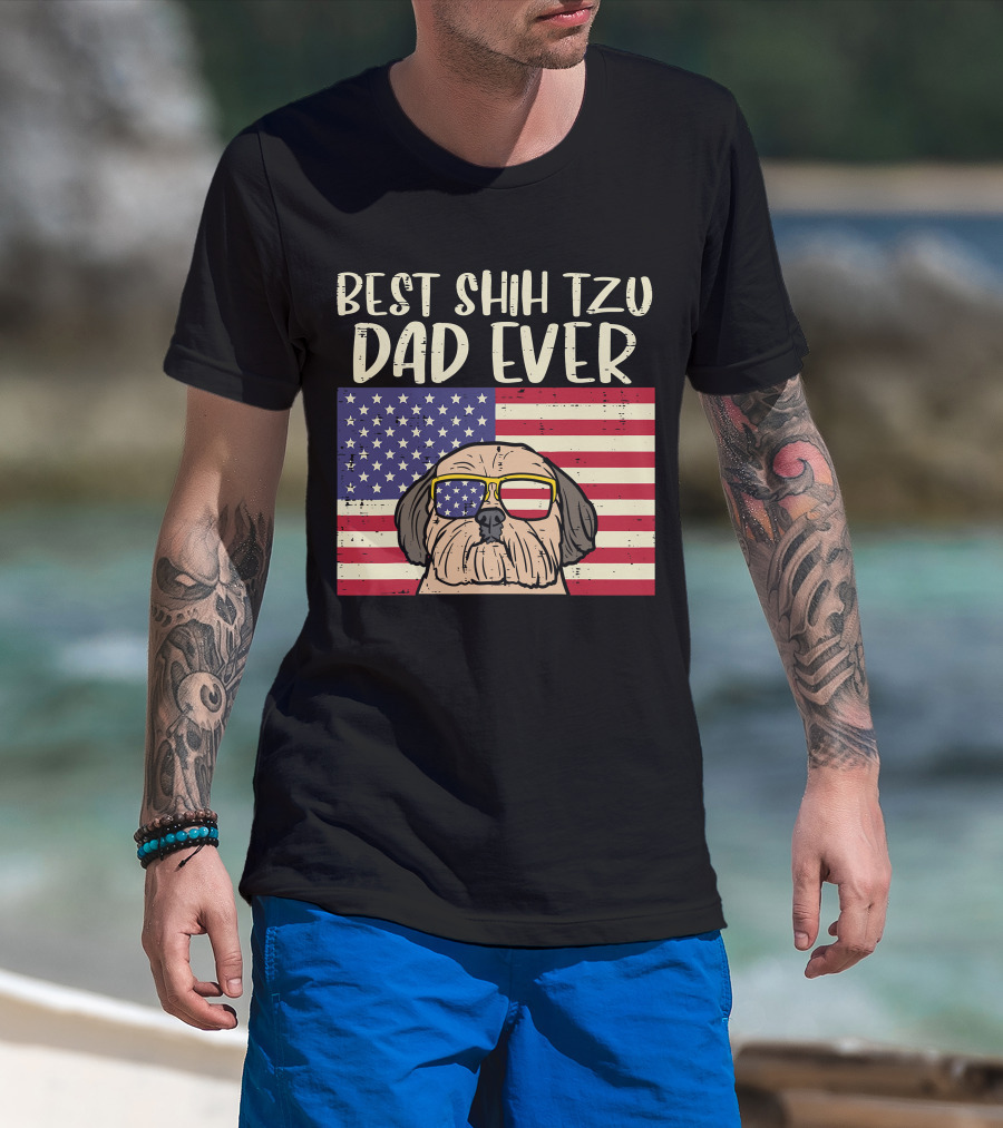 Best Shih Tzu Dad Ever US Flag Patriotic Dog Sunglasses T-Shirt