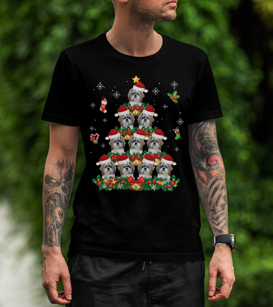 Merry Christmas Shih Tzu Santa Hat Dog Tree Pajama Swe T-Shirt