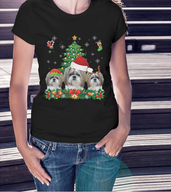 Merry Dogmas Shih Tzu Santa Elf Reindeer Christmas Tree T-Shirt