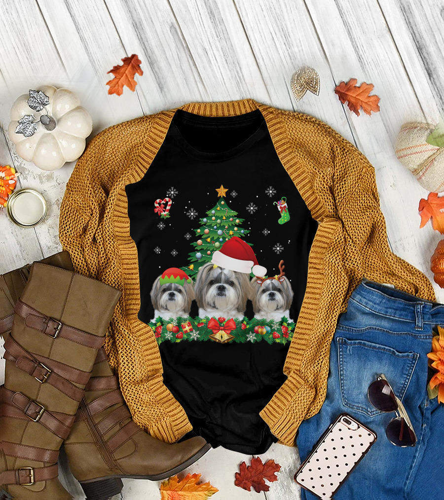 Merry Dogmas Shih Tzu Santa Elf Reindeer Christmas Tree T-Shirt