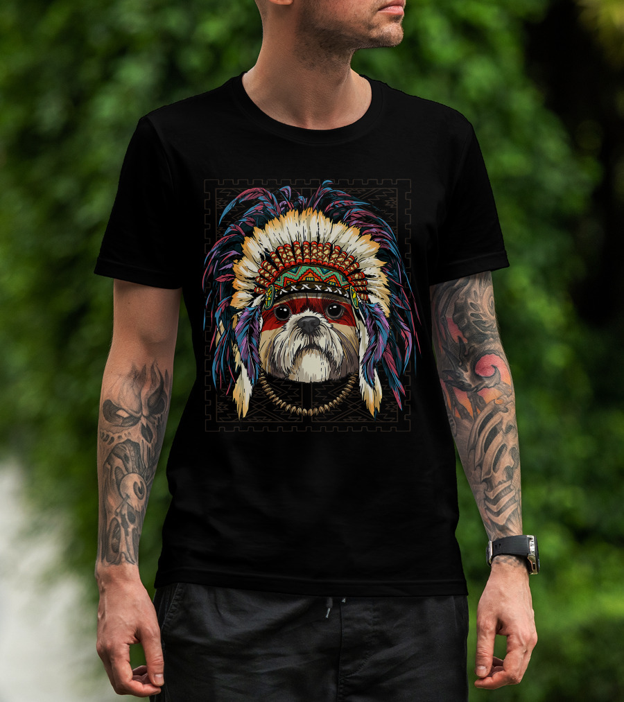 Native Indian Shih Tzu Dog In Traditional American Indian Headdress T-Shirt