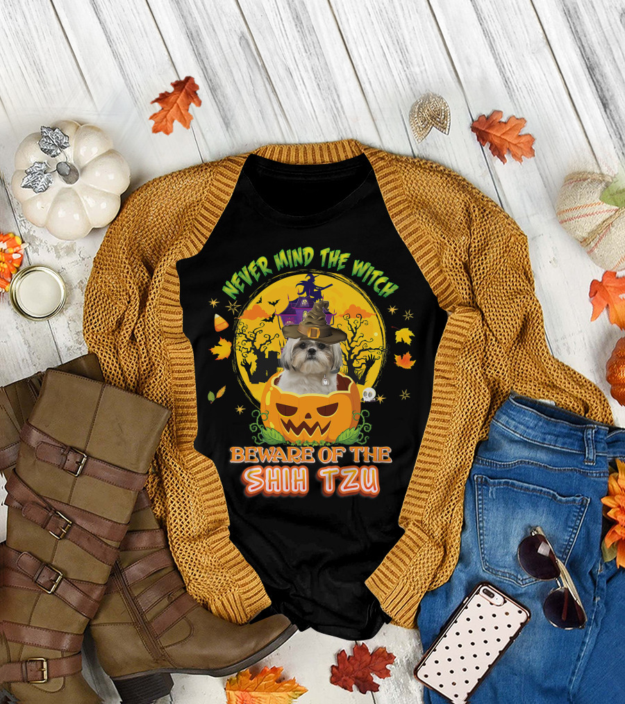 Never Mind The Witch Beware Of The Shih Tzu Halloween Pumpkin Dog with Witch Hat T-Shirt